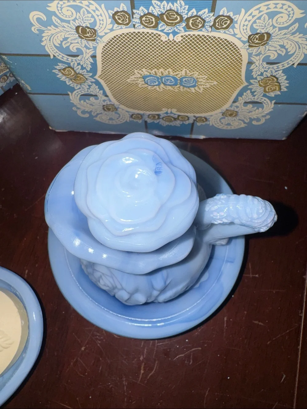 1979 Vintage Avon Victoriana Light Blue and Gold Bubble Bath and dish soap Set